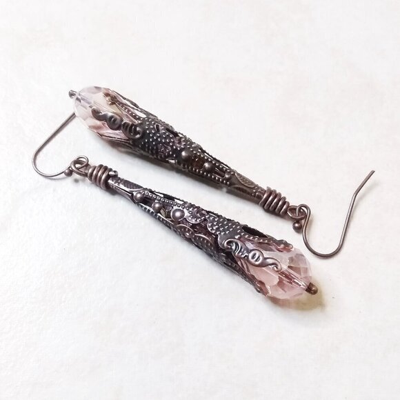 Ultra Feminine! Extra Long! Copper Filigree & Pastel Pink Dangle Earrings - Picture 1 of 7